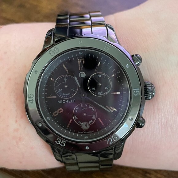Michele Women's Ceramic Jetway Noir Watch - Picture 1 of 4